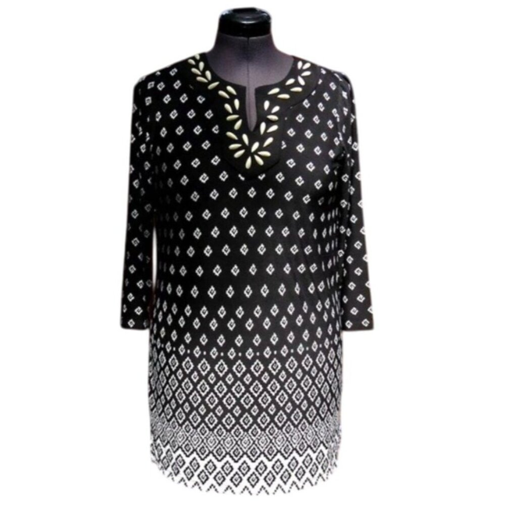 Susan Graver Black & White Long Sleeve Tunic Dress With Embellished Neckline S